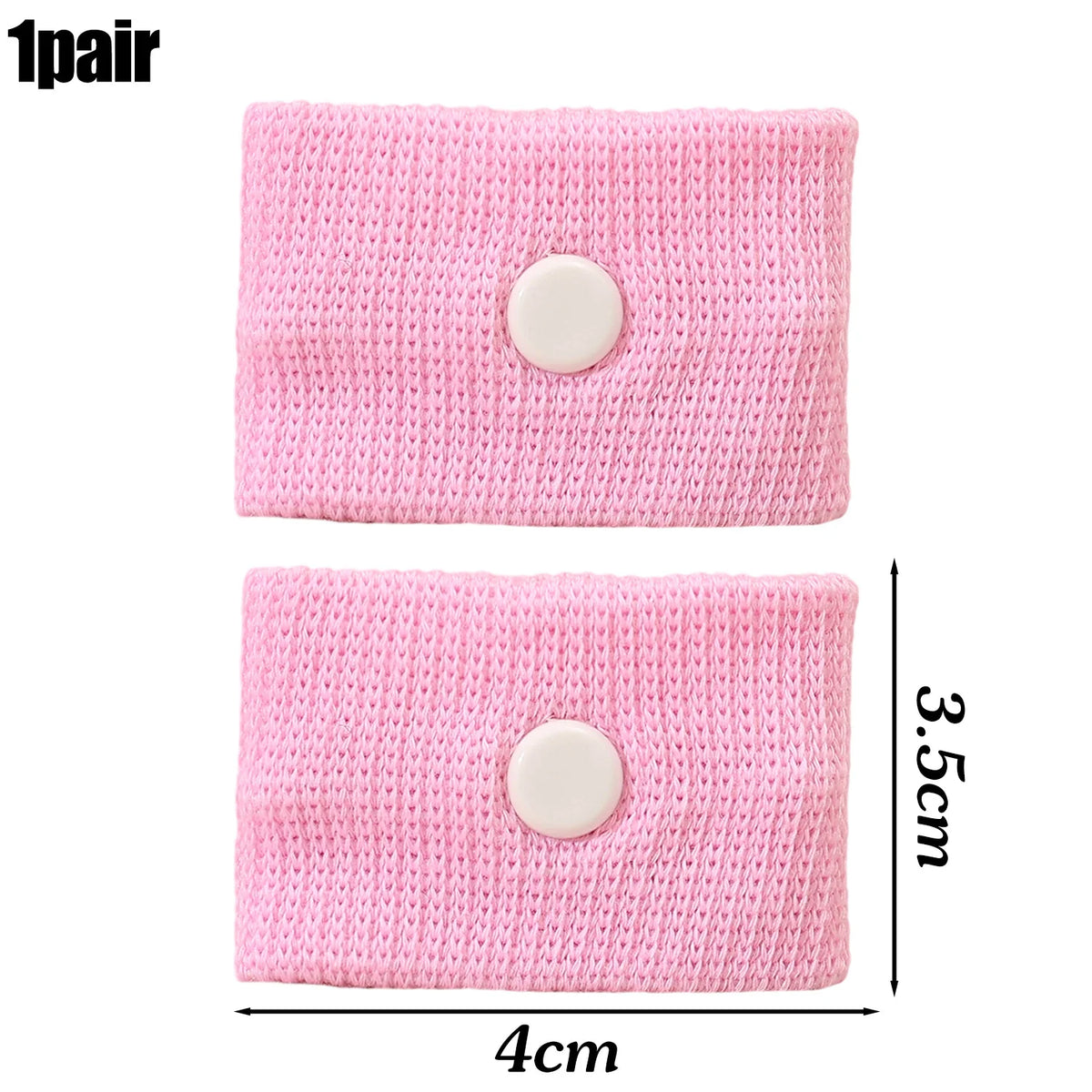 A pair of pink knitted wristbands with a circular button for anti-nausea relief.