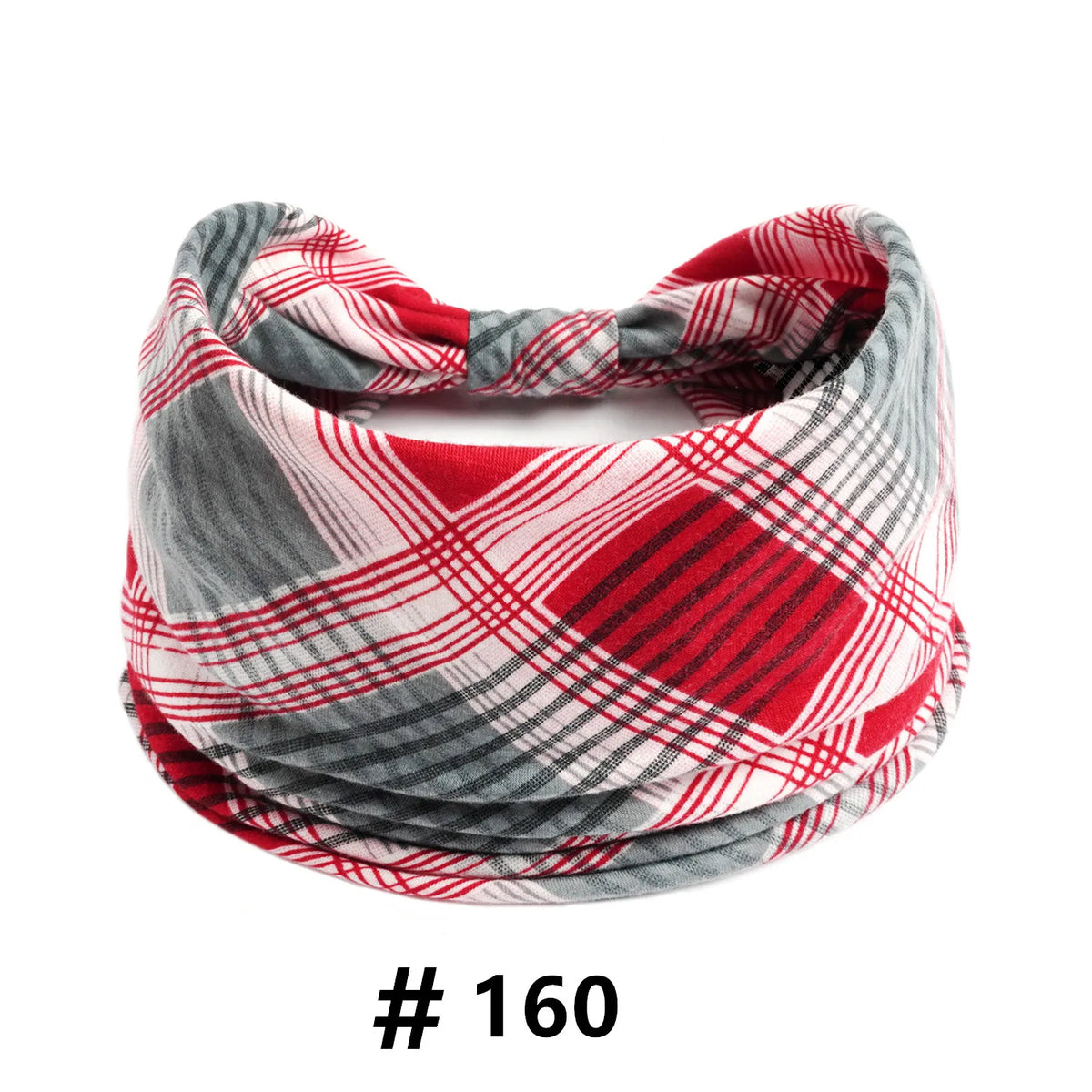 A plaid fabric turban headband featuring red, white, and gray stripes.