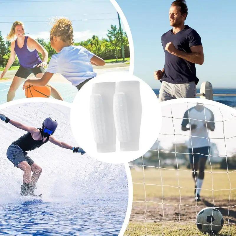 A man running outdoors, a child playing sports, and honeycomb leg guards for protection.