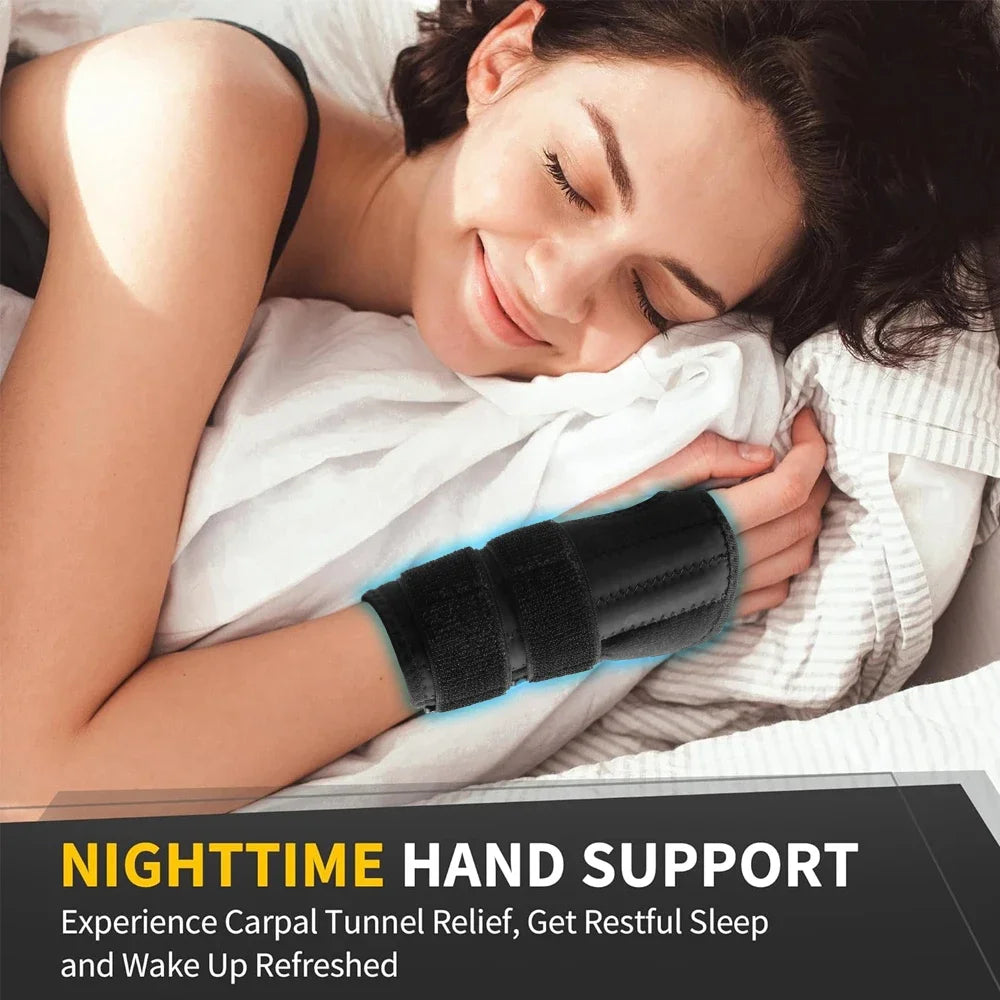 A woman is resting with a black wrist support on her hand, demonstrating nighttime hand support for relief.