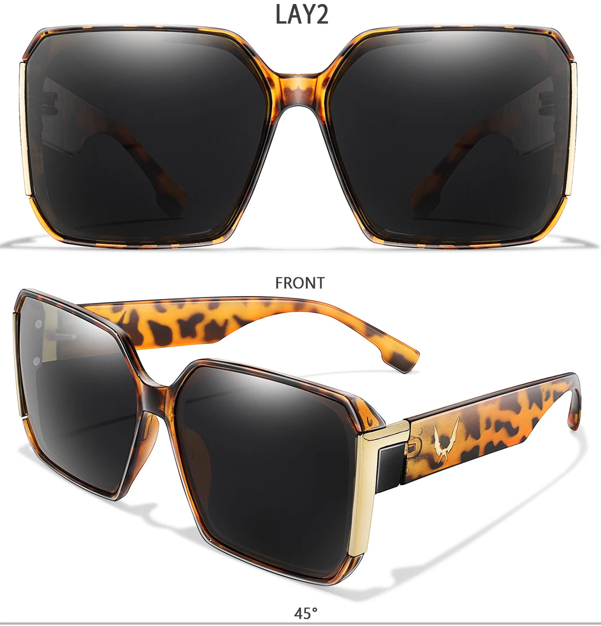 A pair of brown leopard print square sunglasses shown in front view at a 45-degree angle.