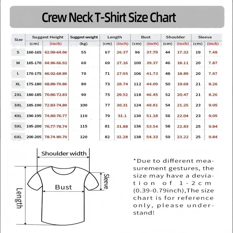 Size chart for a Crew Neck T-Shirt showing measurements in centimeters and inches.