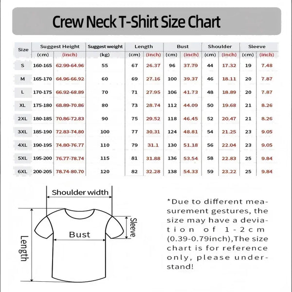 Tabla de tallas para camiseta de cuello redondo mostrando medidas en centímetros e pulgadas.