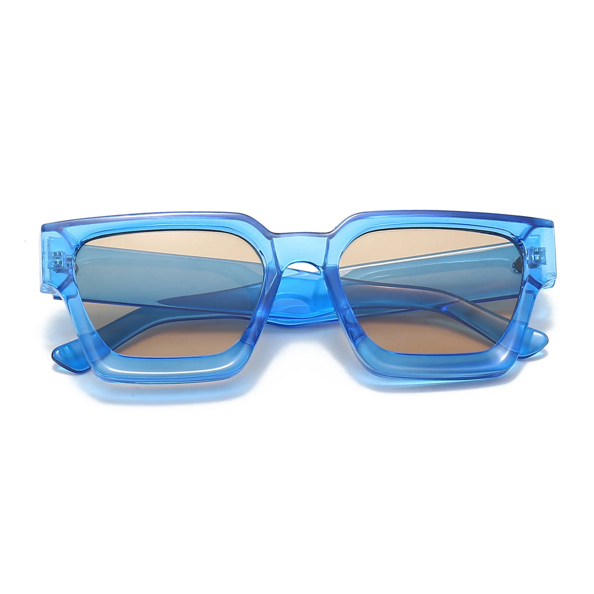 Pair of retro square frame sunglasses with blue tinted lenses and light blue frames