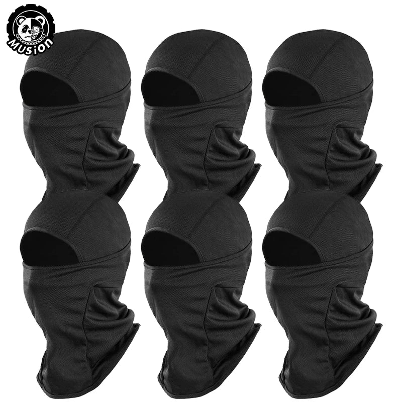 Black breathable mesh balaclava face mask for sun and dust protection shown in multiple views