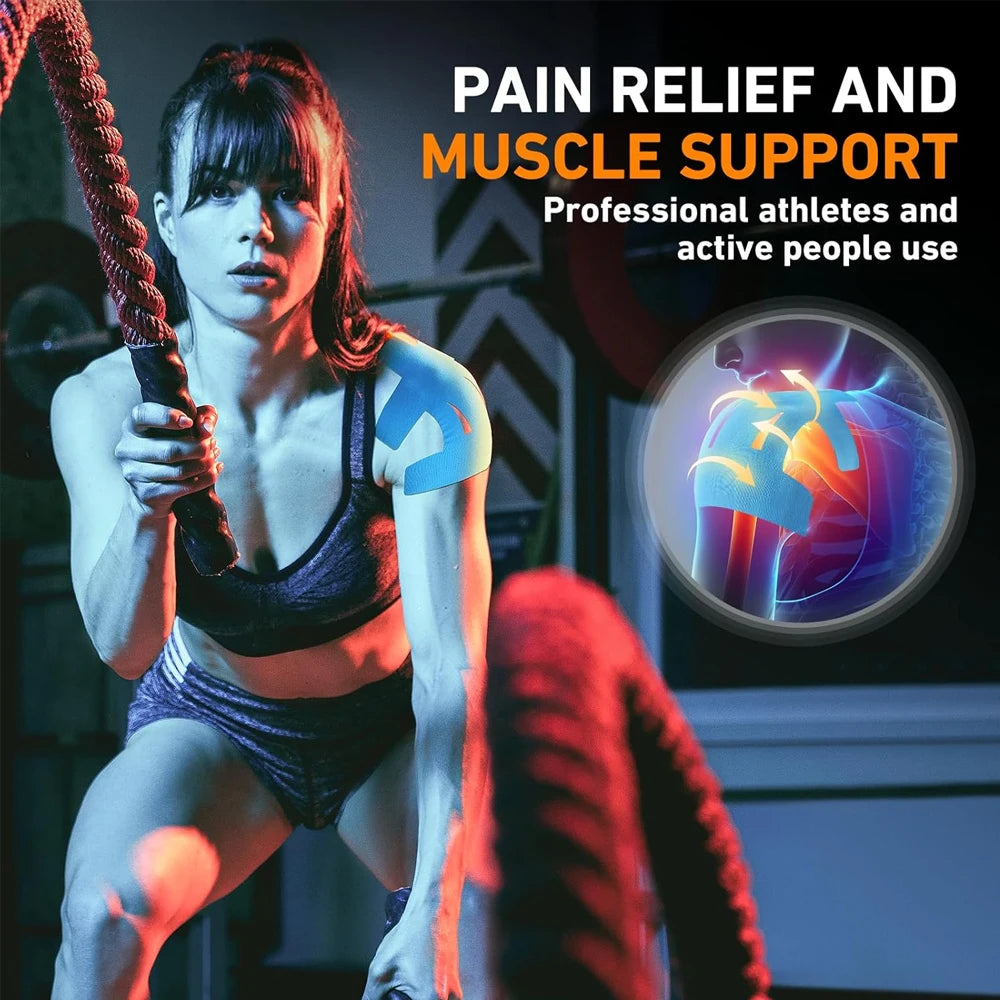 A woman wearing a dark sports bra and shorts is shown using kinesiology tape on her shoulder for pain relief and muscle suppo