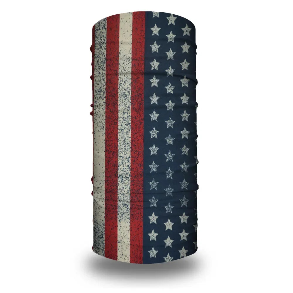 A tube bandana featuring the design of the USA flag with red, white, and blue stripes and stars.