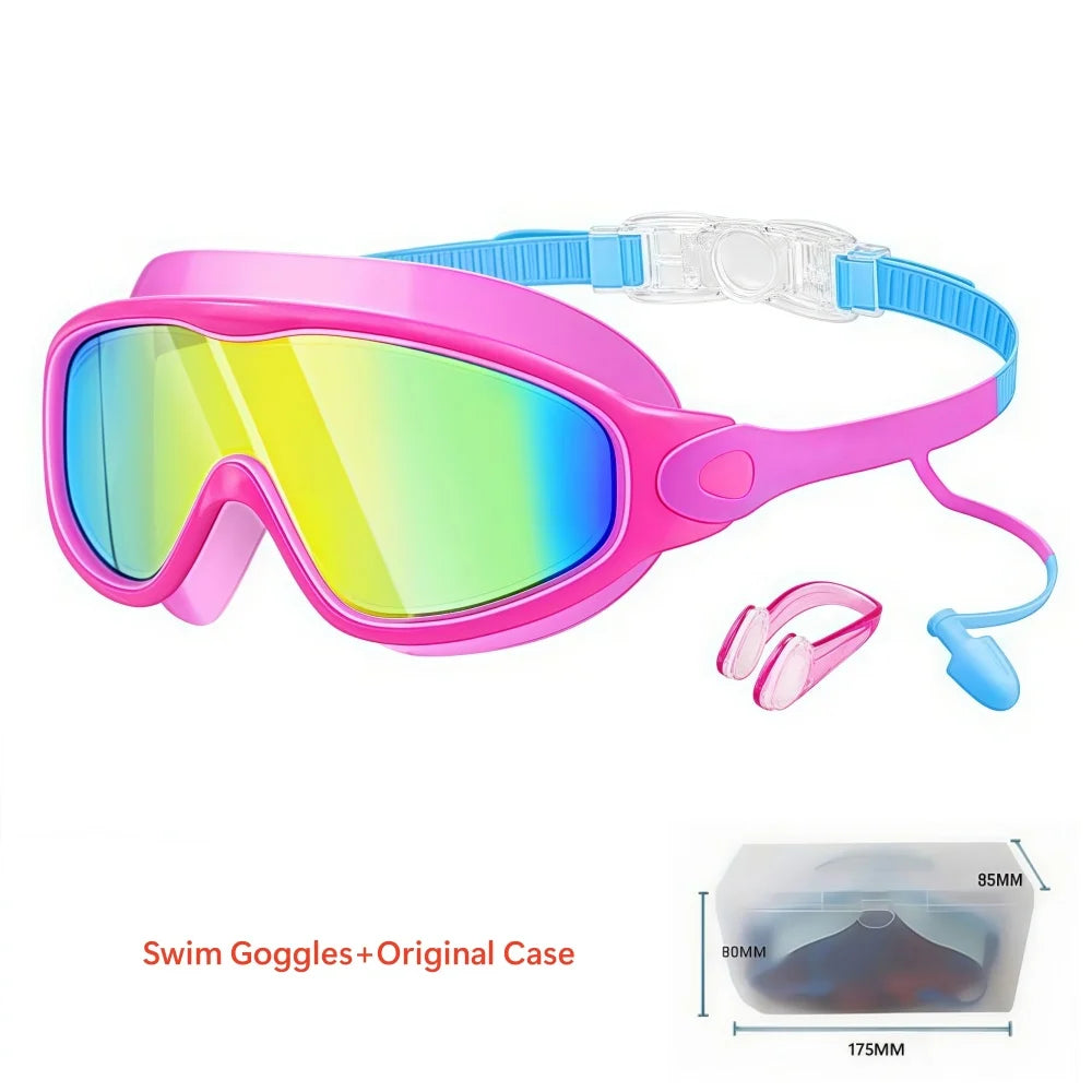 Pink swim goggles with clear lenses and blue strap, along with an original case.