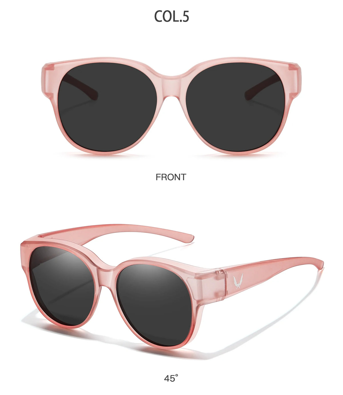 Pink round sunglasses shown from the front and a 45-degree angle.
