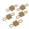 A multi-pack of tactical antenna binding buckles made of tan woven fabric.