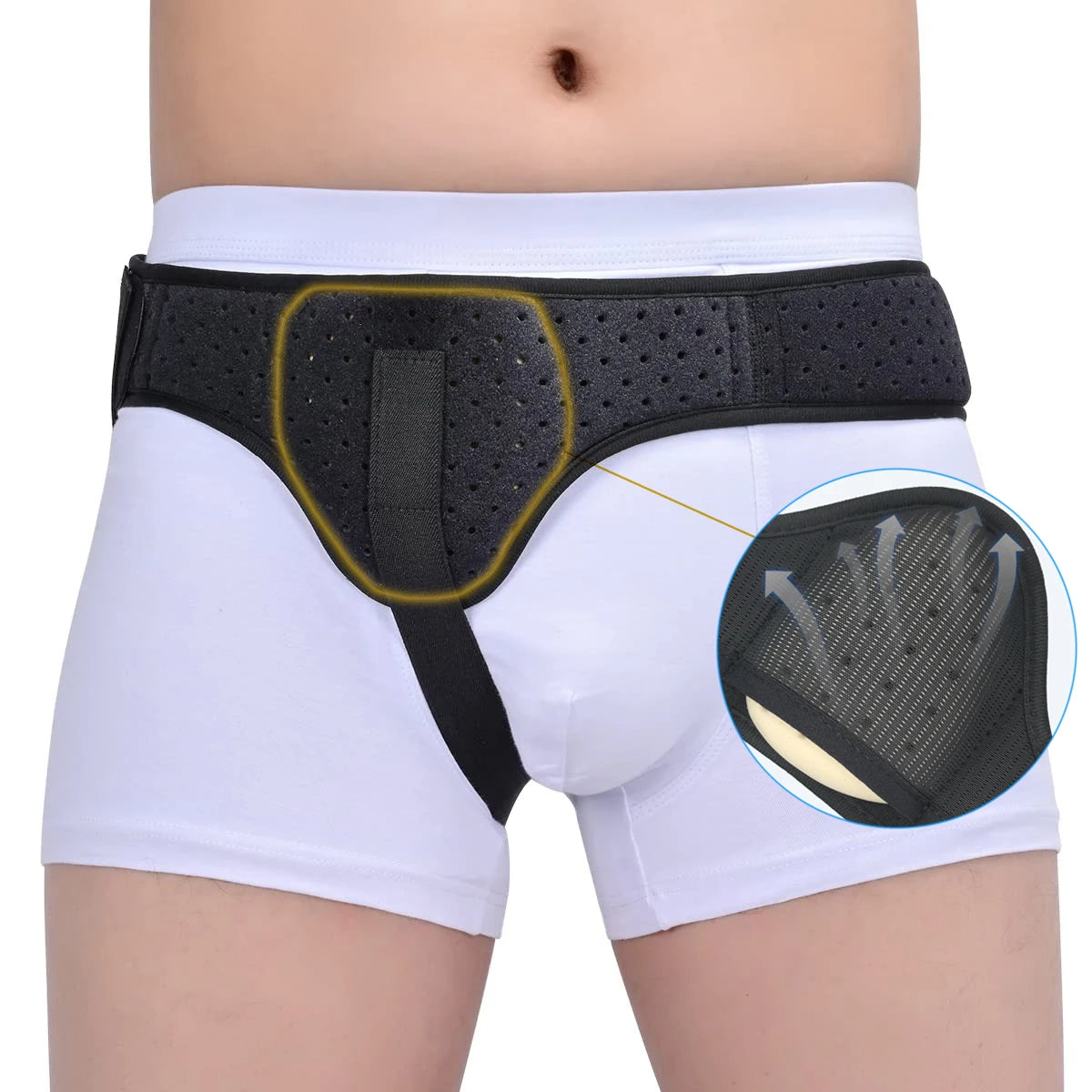 Black inguinal hernia support belt with compression pads worn on a person's abdomen and groin area.