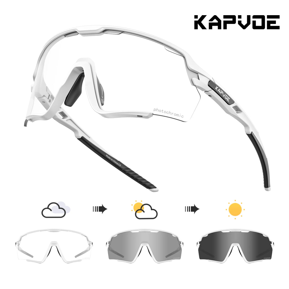 A pair of white photochromic cycling sunglasses shown in various forms and angles.