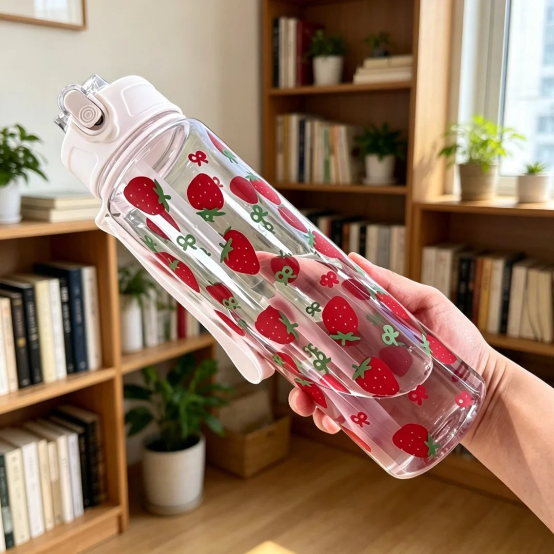 A hand holds a clear pink reusable strawberry bow water bottle against a background of wooden bookshelves and plants.