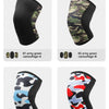 Display of four camouflage patterns for knee sleeves including army green, blue, and red designs.