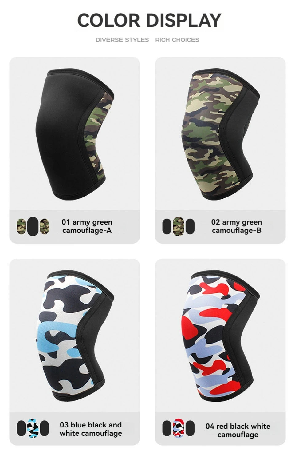 Display of four camouflage patterns for knee sleeves including army green, blue, and red designs.