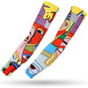 A pair of colorful, multi-use sports arm sleeves featuring vibrant illustrations and UV protection fabric.