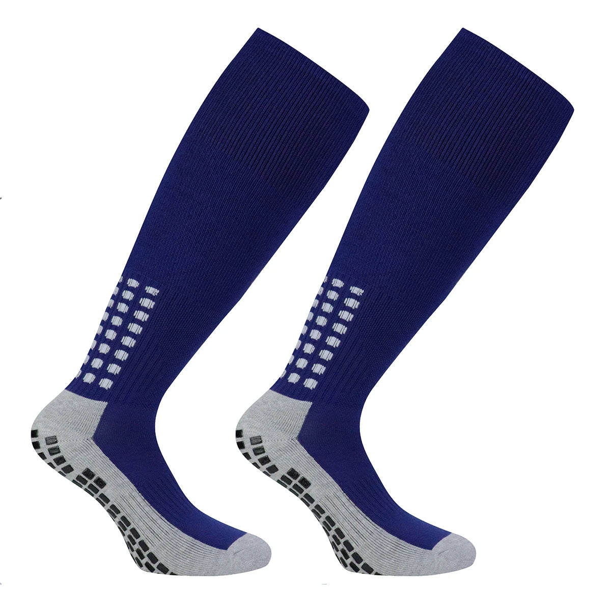 Pair of navy blue professional training football socks with light gray accents