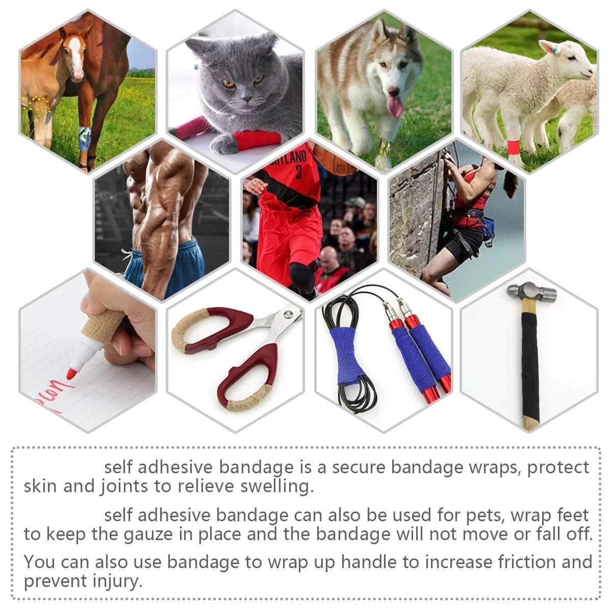 A collection of self-adhesive bandages shown on various subjects including a horse, cat, dog, and human arm.