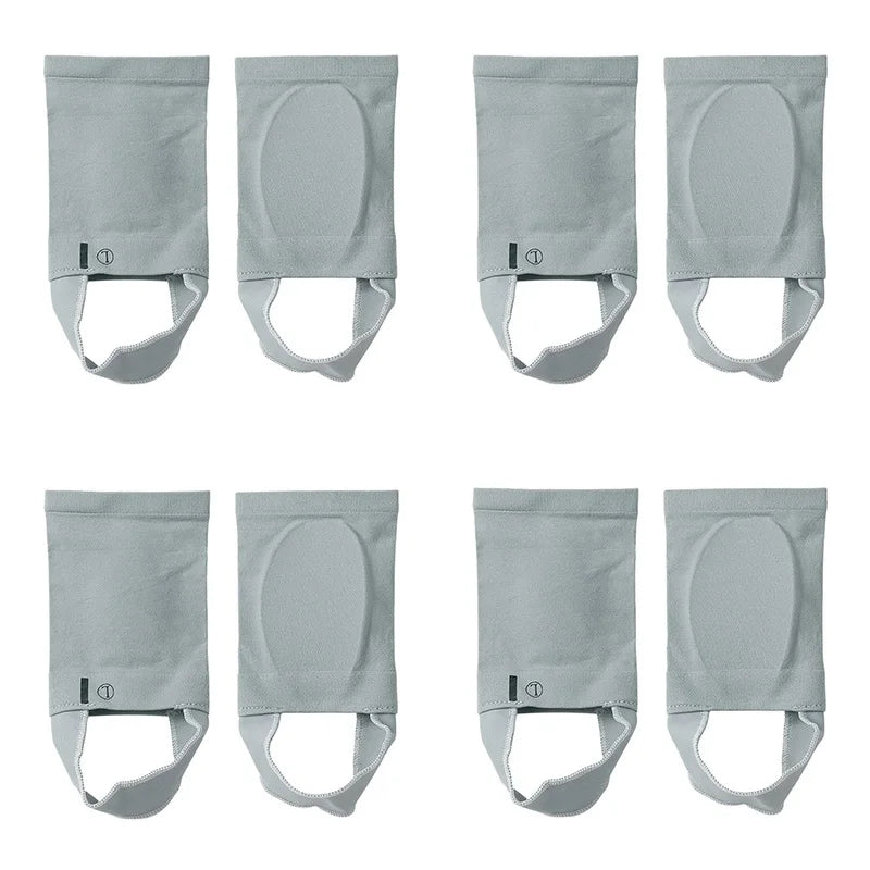 Four views of light gray silicone arch support insoles for foot comfort