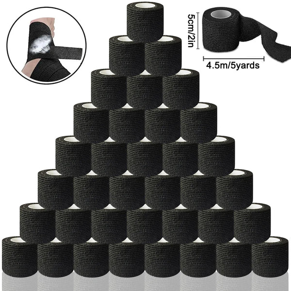 Rolls of black self-adhesive tattoo grip tape with a 5cm/2in width and 4.5m/5yards length