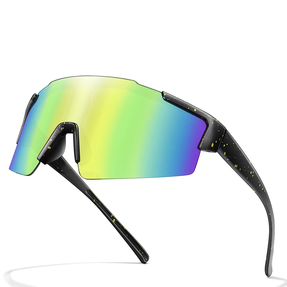 A pair of black cycling sunglasses with mirrored green and blue lenses shown in profile.