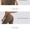 Close-up shots detailing the design of high-waist yoga leggings, showing reinforcement, fit, and a side seam pocket.