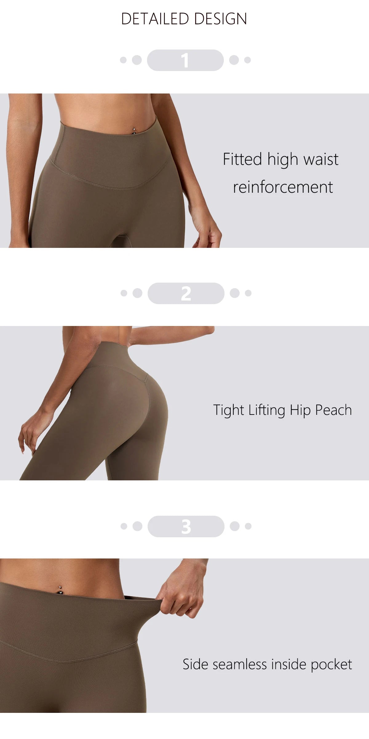 Close-up shots detailing the design of high-waist yoga leggings, showing reinforcement, fit, and a side seam pocket.