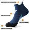A navy blue athletic sock shown from the side, highlighting features like ear lifting, mesh ventilation, and reinforced heel.