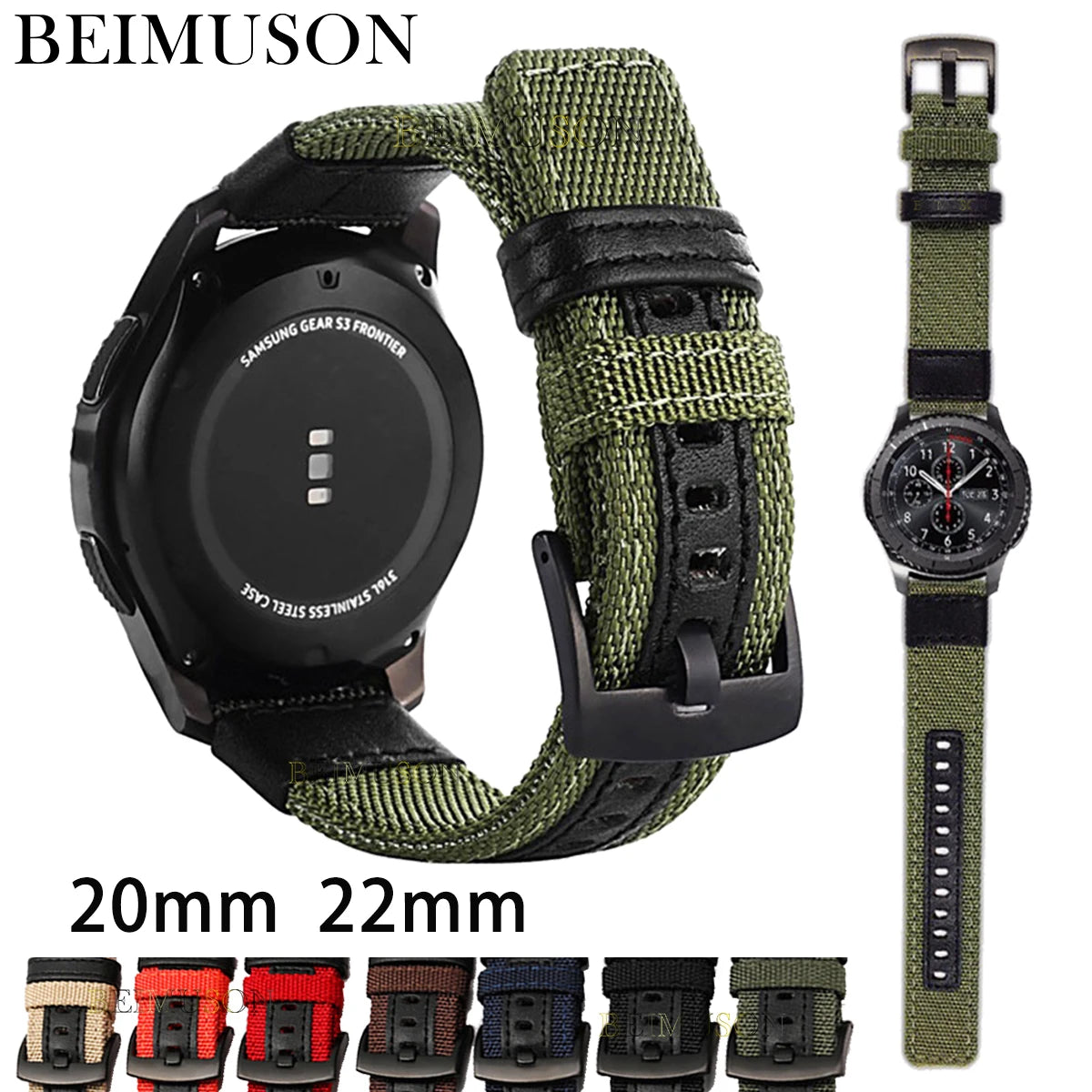A watch with a black case and olive green nylon quick release band is shown alongside various strap sizes.