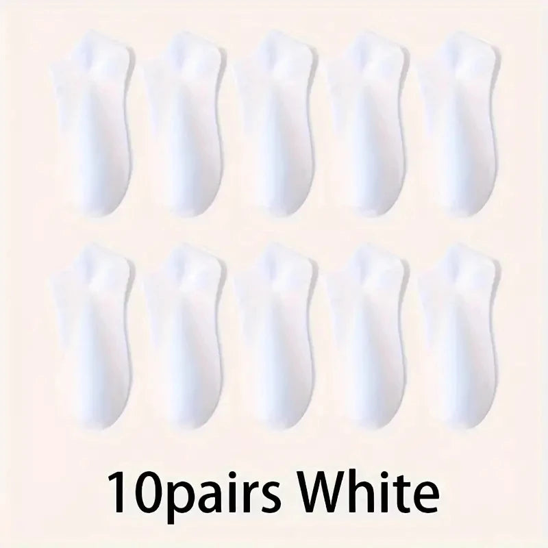 Ten pairs of white comfort fit ankle socks displayed in a flat lay view.