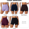 A selection of women's high-waist yoga and workout shorts in purple, navy blue, dark brown, burgundy, and black.