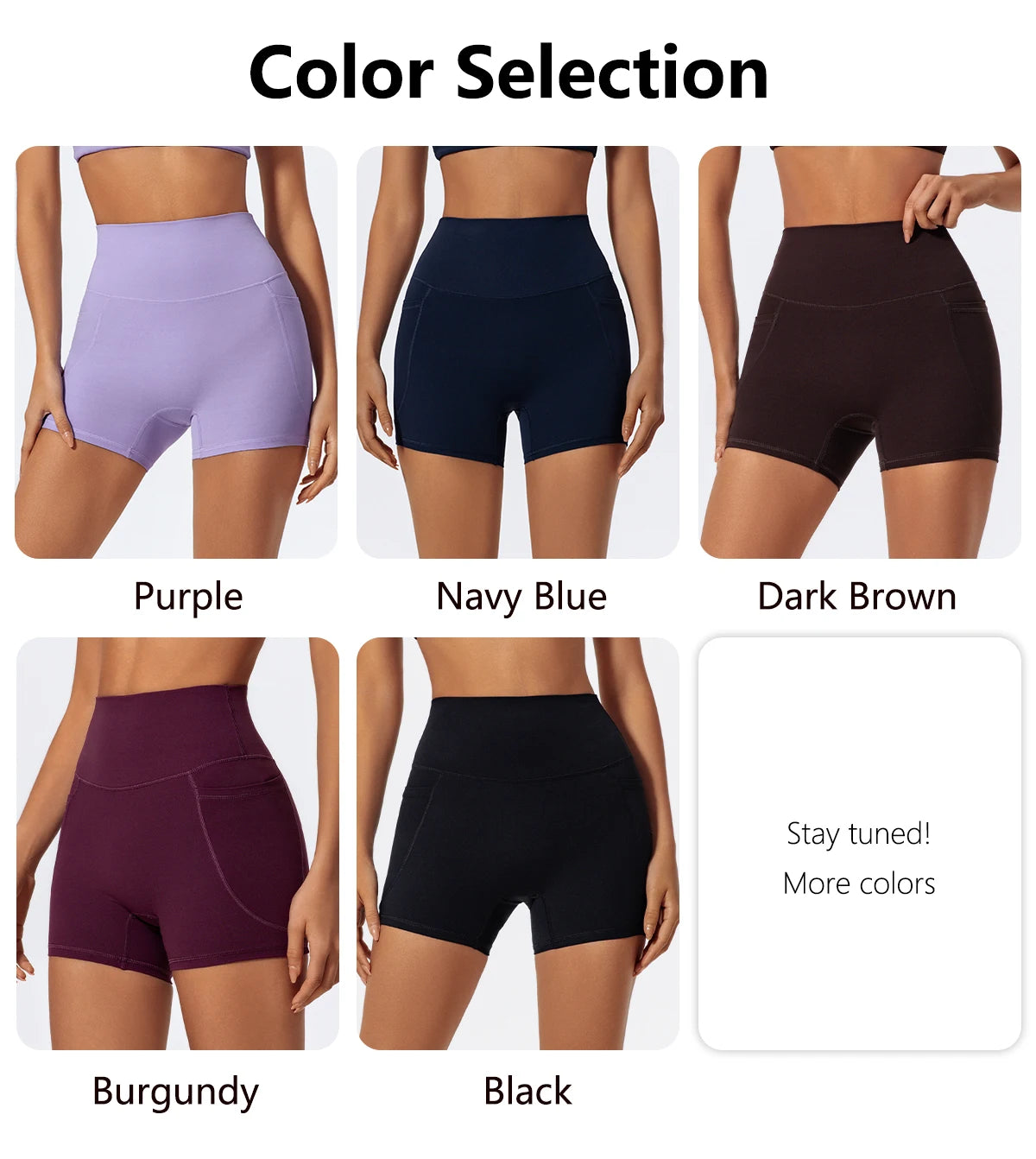 A selection of women's high-waist yoga and workout shorts in purple, navy blue, dark brown, burgundy, and black.