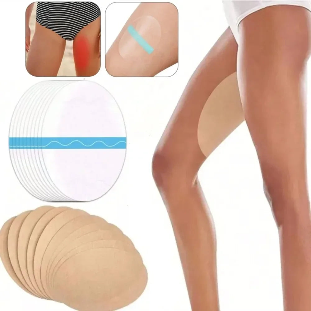 Pack of invisible anti-wear thigh patches used for friction relief, shown on skin and fabric.