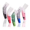 A collection of five colored cooling UV protection arm sleeves displayed vertically.