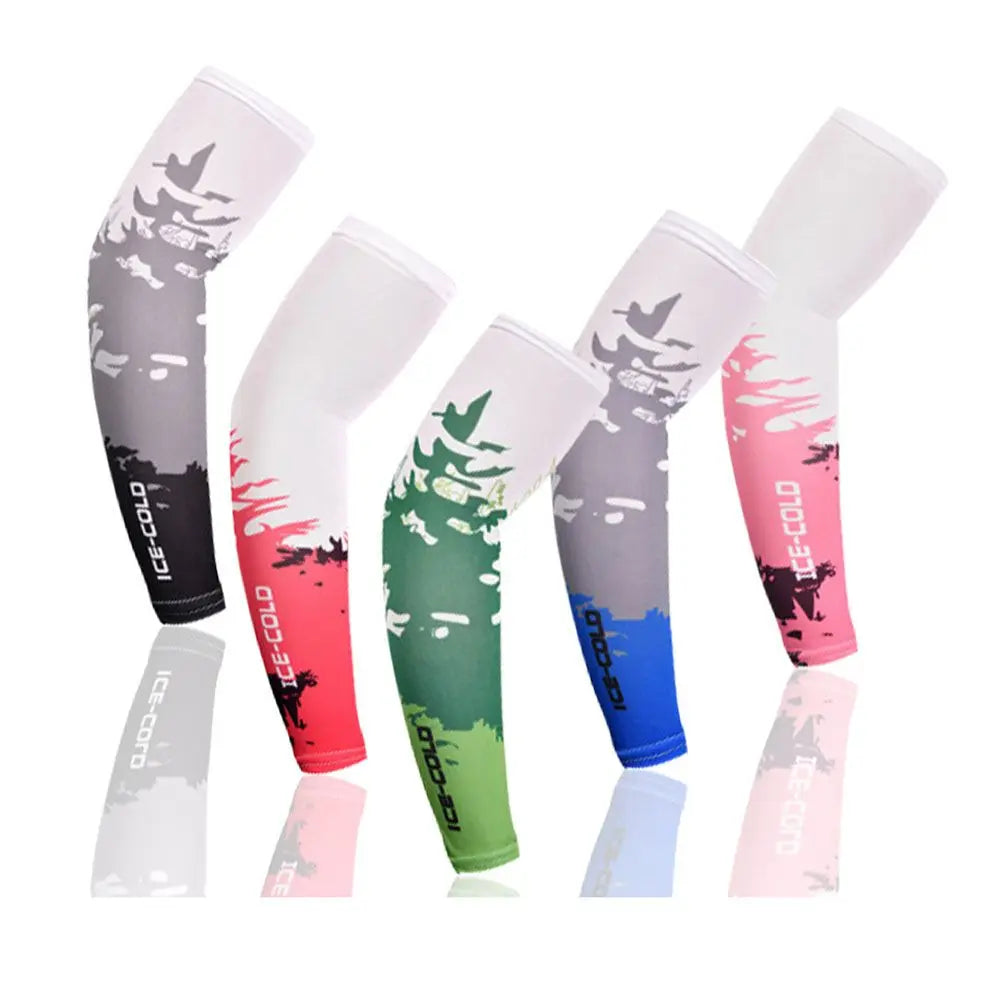 A collection of five colored cooling UV protection arm sleeves displayed vertically.