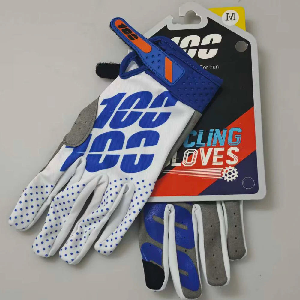 A pair of blue and white sports gloves packaged with a yellow label for outdoor activities.
