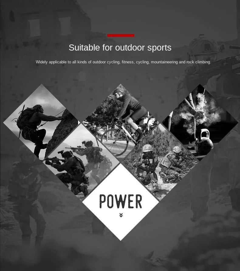 A dark, dramatic image showing various outdoor sports activities like cycling and rock climbing against a gray background wit