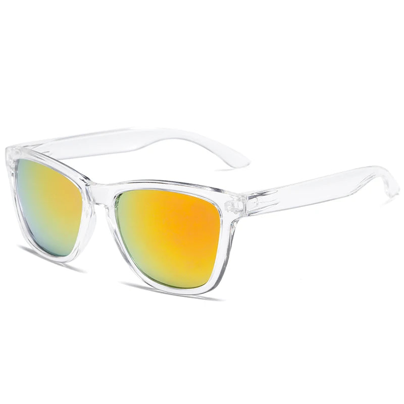 Clear frame gradient mirrored sunglasses with orange and yellow lenses