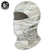 A light green and white camouflage mesh balaclava face mask worn on a head.