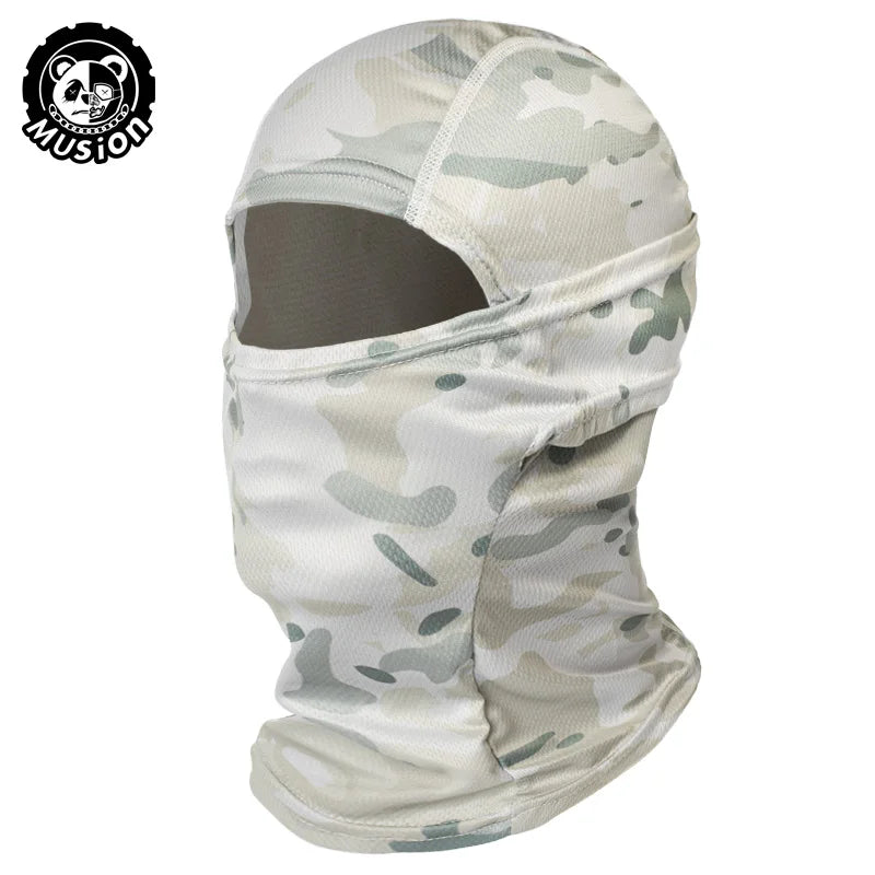 A light green and white camouflage mesh balaclava face mask worn on a head.