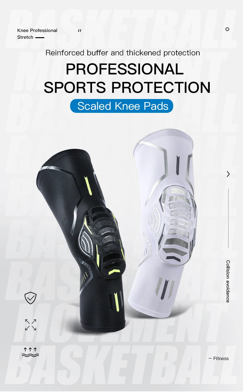 A pair of professional scaled knee pads for sports protection, shown in black and white.