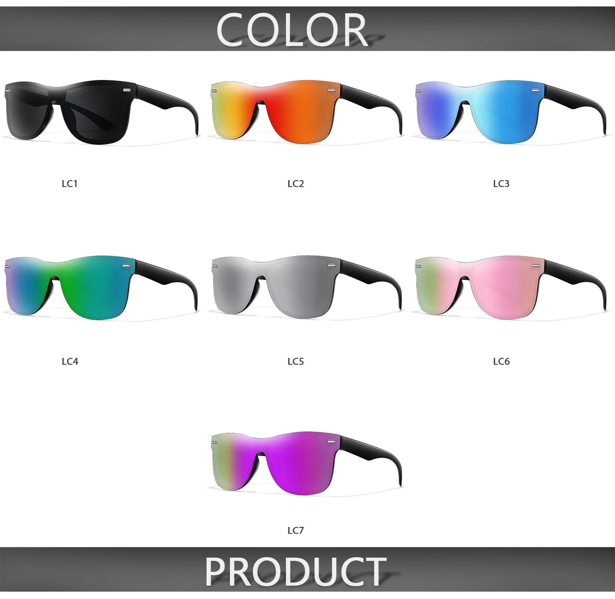 A display of seven different colored frameless sunglasses models labeled LC1 through LC7.