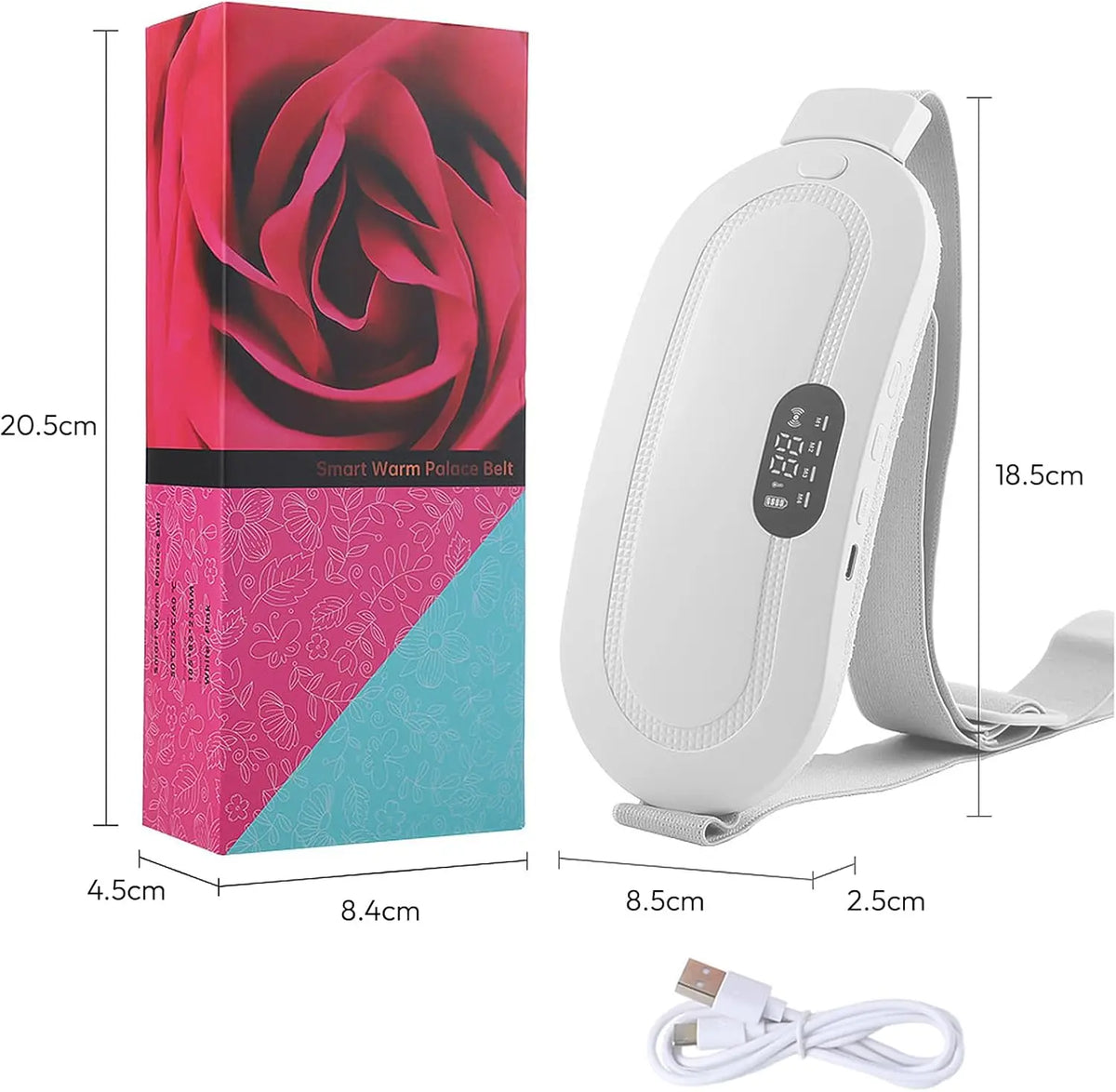 A white smart warm pelvic belt device shown with its packaging and power cord.