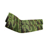 A pair of olive green camouflage arm sleeves designed for UV protection.