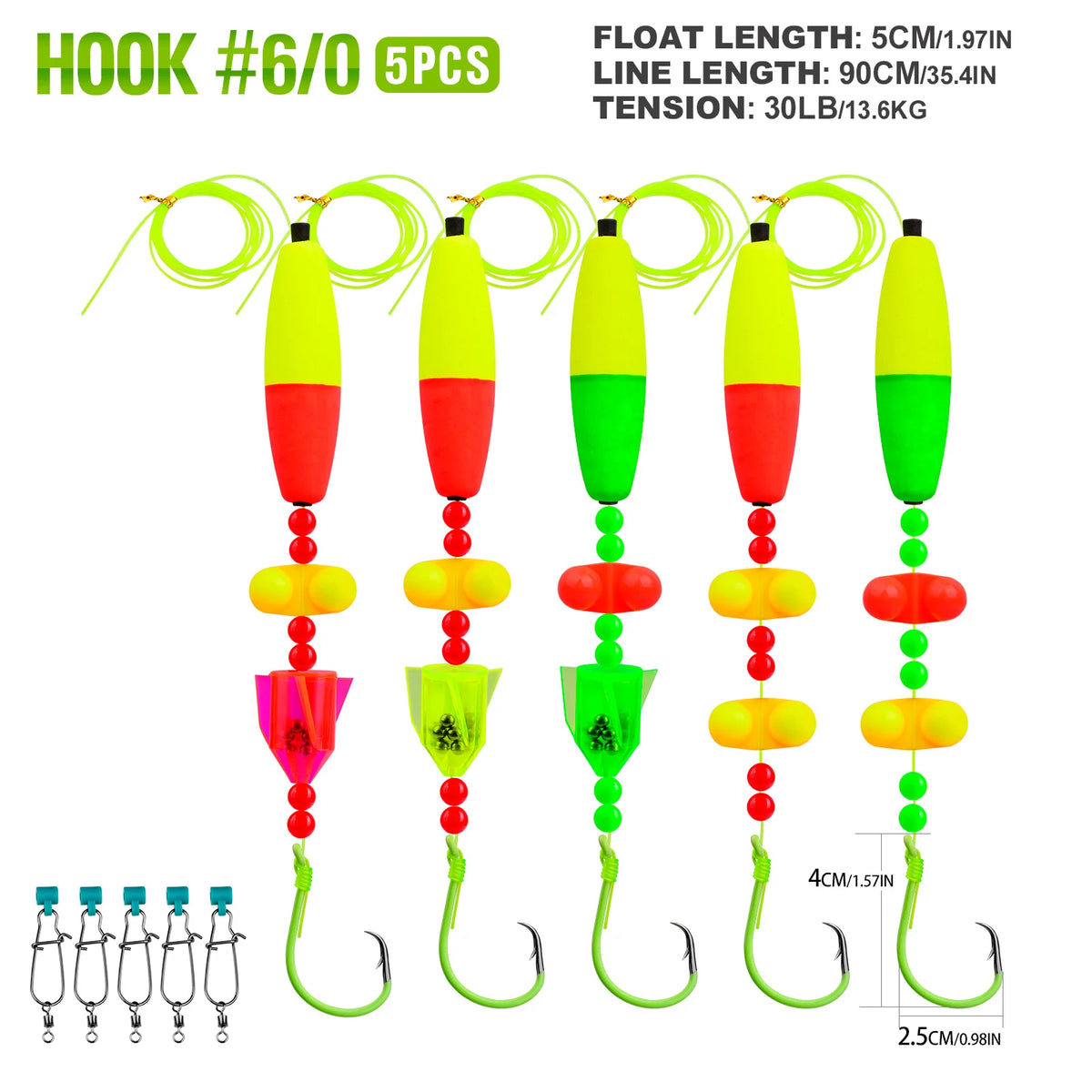 Five yellow and red float rigs with hook lines and rattler hooks for fishing