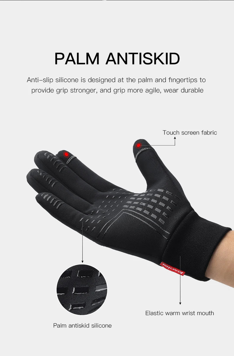 Black anti-slip silicone palm and fingertips on a glove designed for grip and durability.