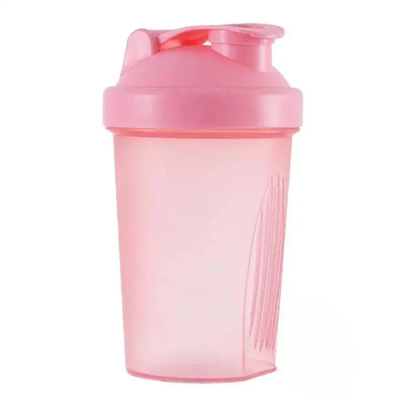 A pink leakproof protein shaker bottle with a hinged cap and a translucent body.
