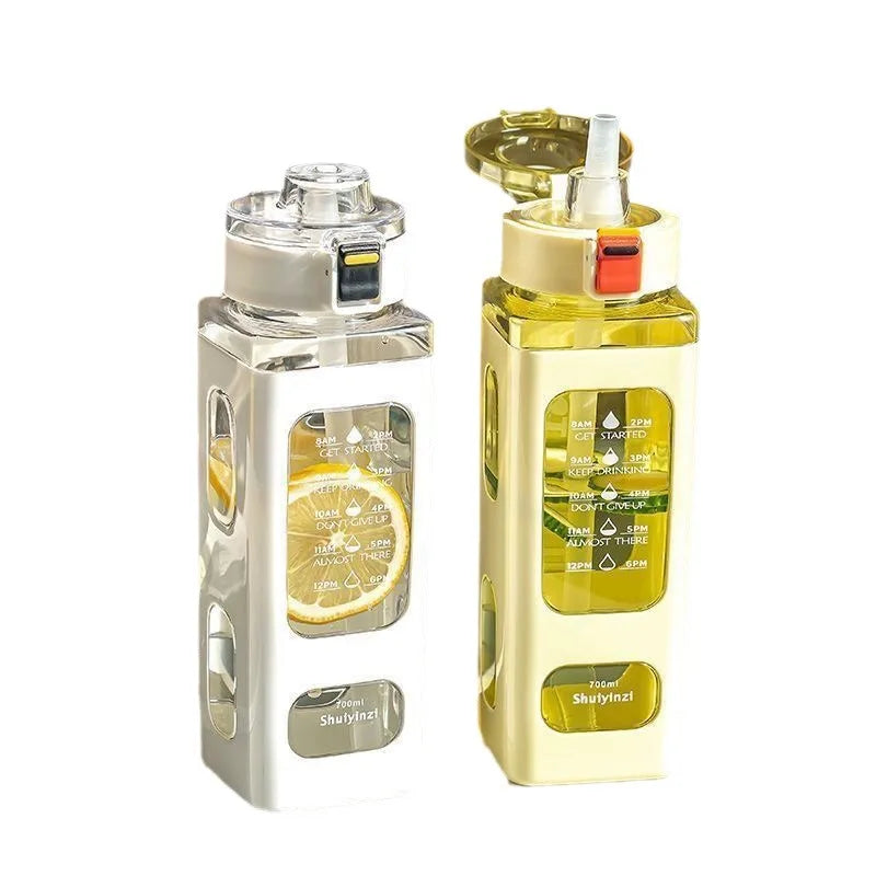 A clear and yellow leakproof sport water bottle with a cap and sports accessory.