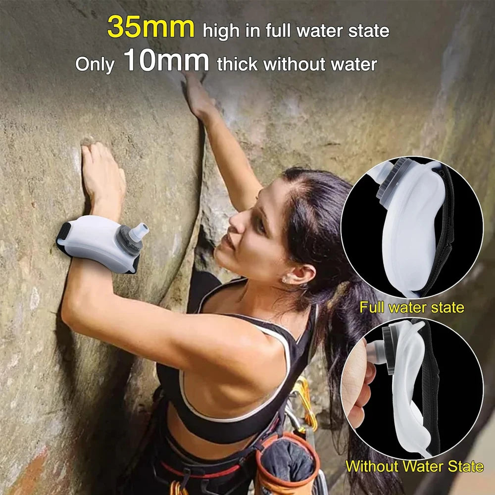 A woman demonstrates a silicone wrist hydration bottle, showing its thickness in full water state and without water state.