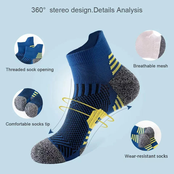 A close-up view of a blue and gray performance running sock showing features like a threaded opening, breathable mesh, comfor